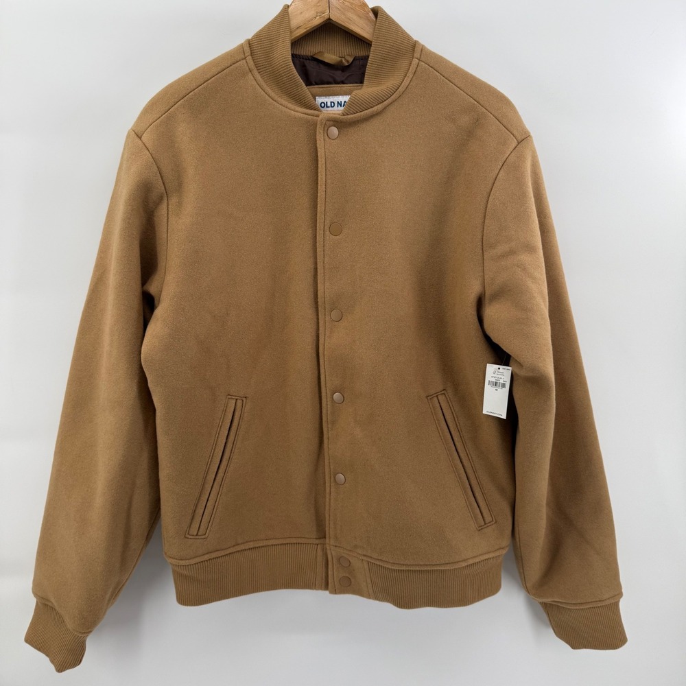 Old Navy Mens Wool Blend Bomber Jacket Camel Brown Varsity Snap Front 473712-011